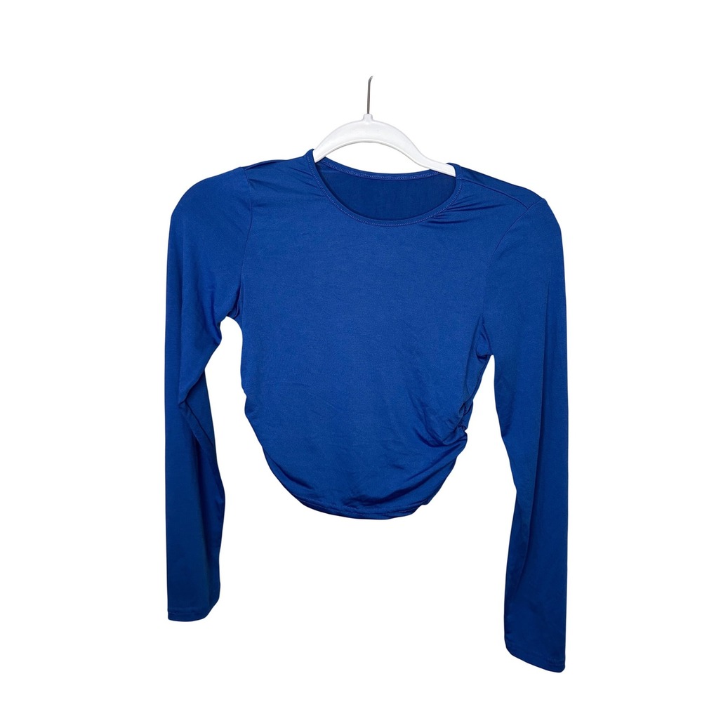 SHEIN Royal Blue Ruched‎ Side Long Sleeve Crop Top Crew Neck Small